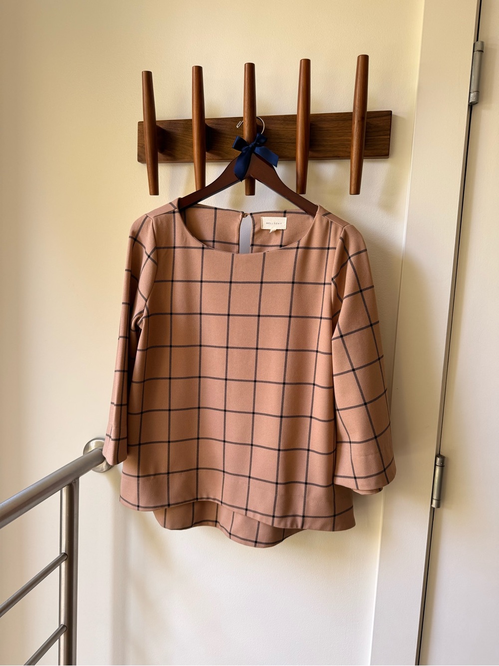 MELLODAY Tan Grid-Pattern Blouse